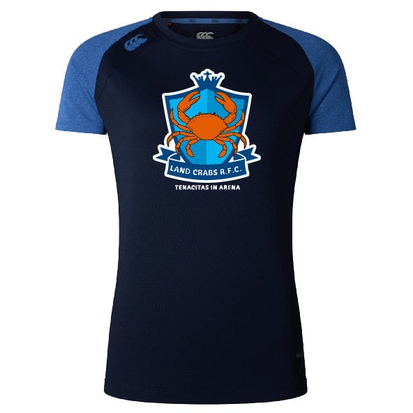 The Land Crabs RFC Women's Elite Training Tee by WRS Canterbury is a navy blue lightweight recycled polyester shirt, featuring a red crab logo with “Land Crabs R.F.C.” and “Tenacitas in Arena” on the chest.