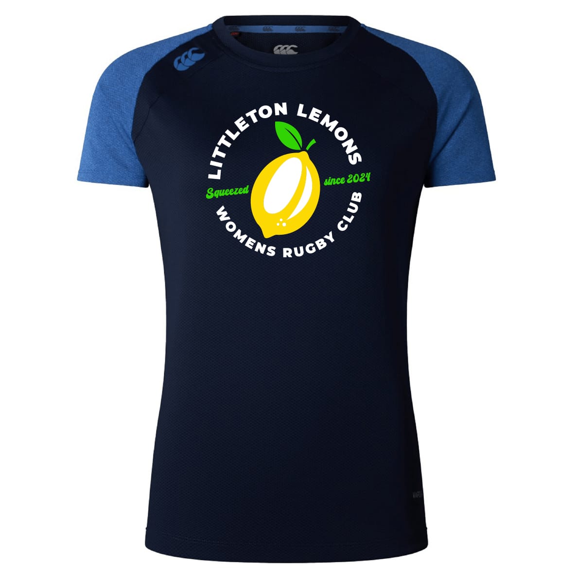 The Littleton Women Rugby Club Women's Elite Training Tee by WRS Canterbury features a navy and blue design, club logo, lemon graphic, and "Squeezed since 2021" text—perfectly breathable for active days.