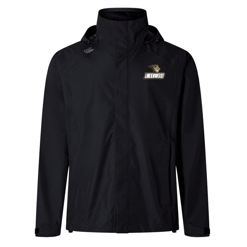 The "Lindenwood University Rugby Elite Storm Jacket" by EMB Canterbury is a black jacket featuring the iconic "Lindenwood" logo on the front and a hood, designed with breathable construction for optimal outdoor comfort.