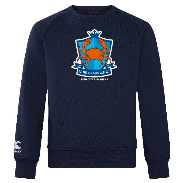 The Land Crabs RFC Club Crew Sweatshirt by WRS Canterbury features a large orange crab crest, "LAND CRABS R.F.C." and "TENACITAS IN ARENA" on the chest, finished with an embroidered CCC logo.