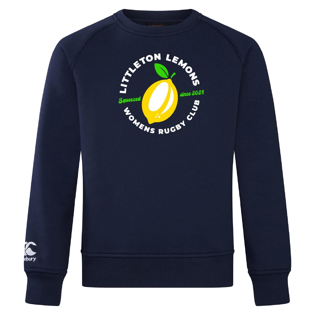 The Littleton Women Rugby Club Club Crew Sweatshirt by WRS Canterbury is an ultra soft navy blue top featuring "Littleton Lemons Womens Rugby Club" and a lemon graphic on the chest, plus an embroidered CCC logo on the left sleeve.