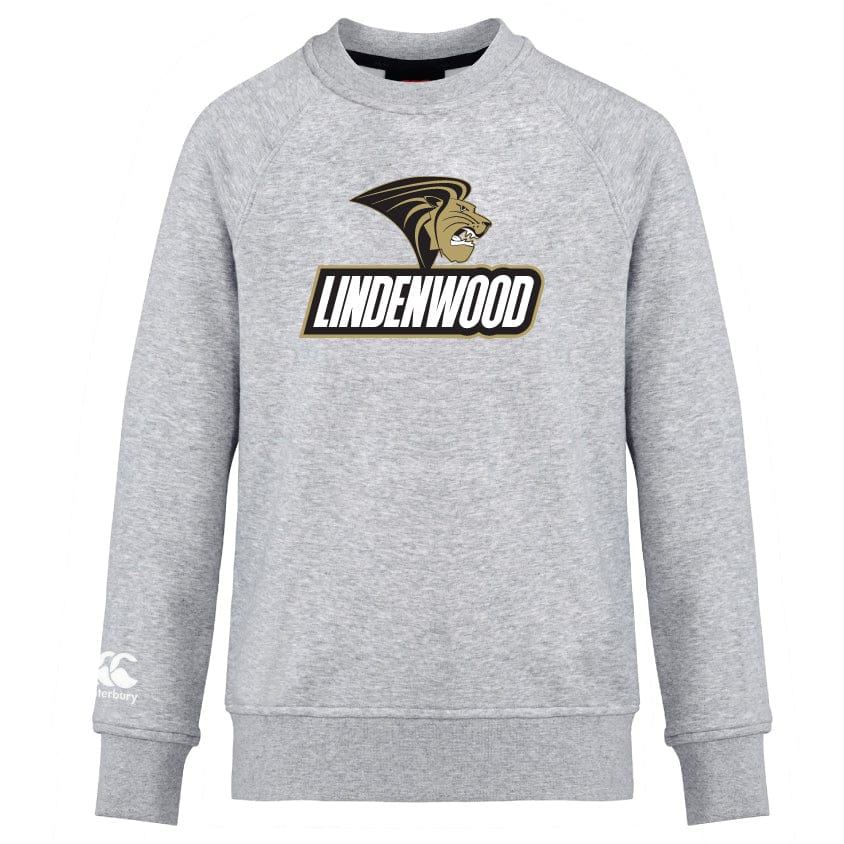 The Lindenwood University Rugby Club Crew Sweatshirt by WRS Canterbury is an ultra-soft gray sweatshirt adorned with "Lindenwood" and a lion graphic on the front, ideal for cozy days. It includes an embroidered CCC logo on the left sleeve, providing a distinguished touch to this Canterbury creation.