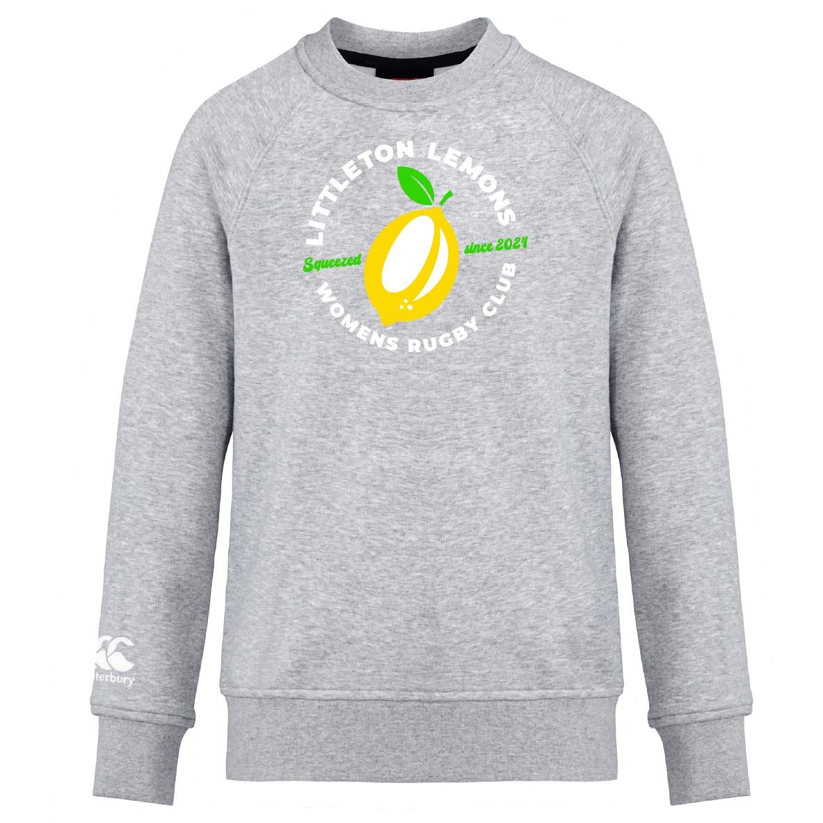 The Littleton Women Rugby Club Club Crew Sweatshirt by Canterbury features a gray ultra-soft fabric with a yellow lemon graphic and "Littleton Lemons Women's Rugby Club Squeezin' since 2021" on the front. Brand: WRS Canterbury.