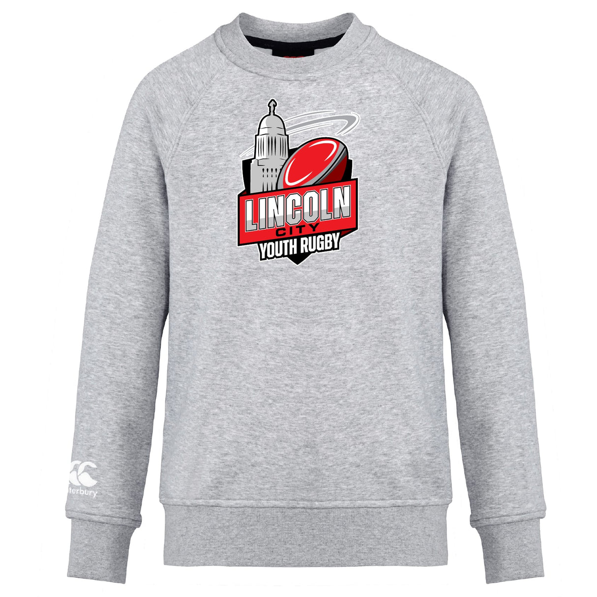 The Lincoln City Youth Rugby Club Crew Sweatshirt by Canterbury features a chest logo with a rugby ball and building, plus an embroidered Canterbury logo on the left sleeve. Brand: WRS Canterbury.