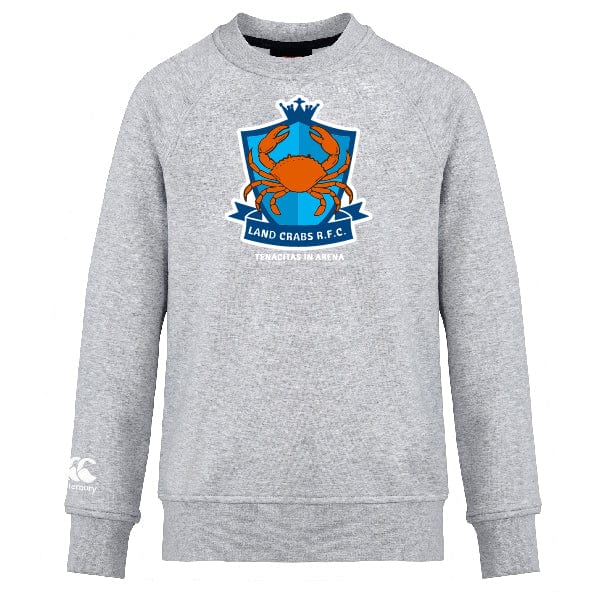 The Land Crabs RFC Club Crew Sweatshirt by WRS Canterbury is an ultra-soft grey sweatshirt featuring an embroidered crest with an orange crab, blue shield, crown, and a "LAND CRABS R.F.C. TENACITAS IN ARENA" banner.