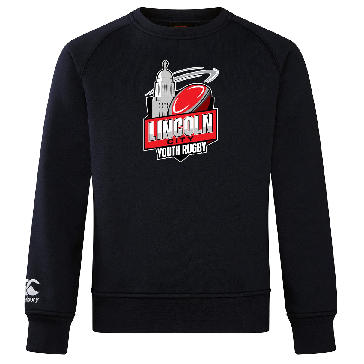 The Lincoln City Youth Rugby Club Crew Sweatshirt by WRS Canterbury is ultra soft, black, and features an embroidered "Lincoln City Youth Rugby" chest logo with a red rugby ball, white building, and a Canterbury logo on the left sleeve.