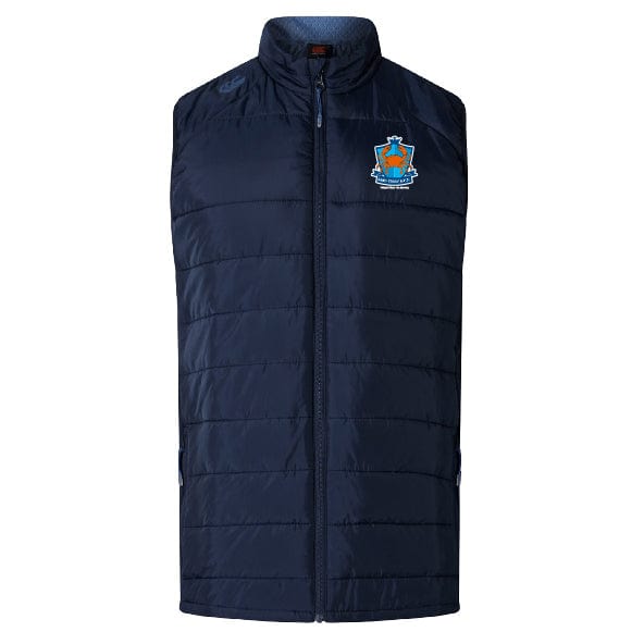 The Land Crabs RFC Elite Microlite Gilet by EMB Canterbury is a navy sleeveless padded vest with front zipper, colorful embroidered crest on the left chest, and Thermoreg bonded fleece for extra warmth.