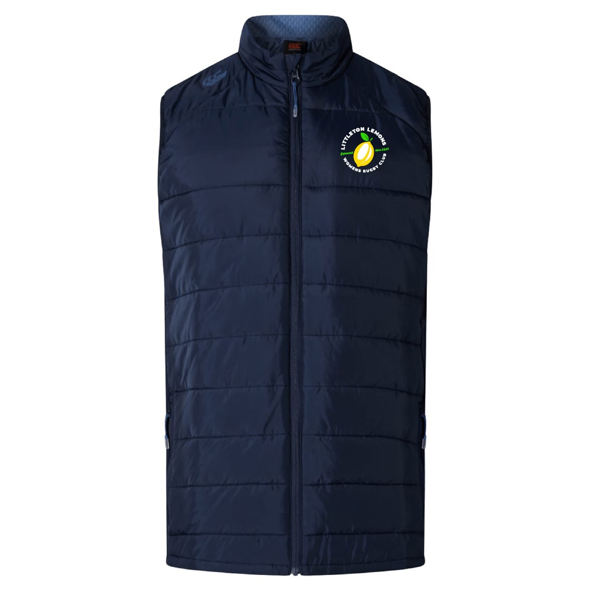 Navy blue Littleton Women Rugby Club Elite Microlite Gilet by EMB Canterbury featuring a zip front, Thermoreg fleece lining, and the club logo with a rugby ball and "Littleton Women Rugby Club" on the left chest.
