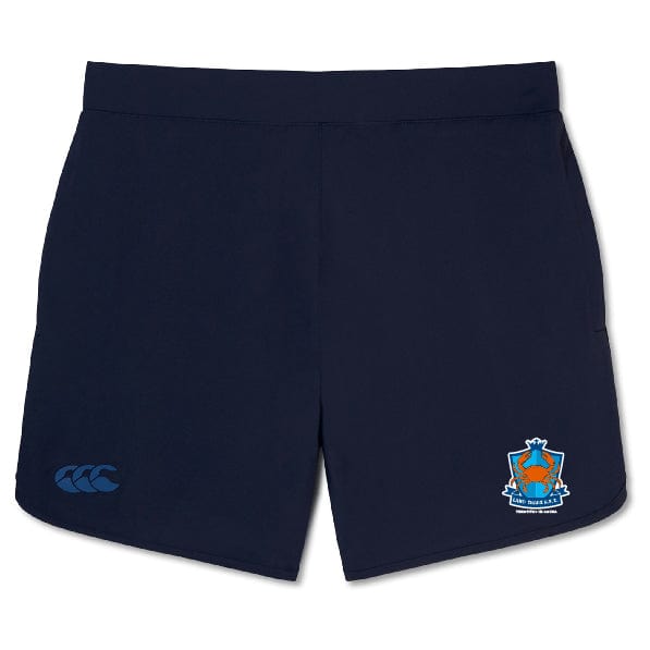 The Land Crabs RFC Elite Woven Short by EMB Canterbury offers a superior training experience, with a logo on the left leg and the brand emblem on the right.