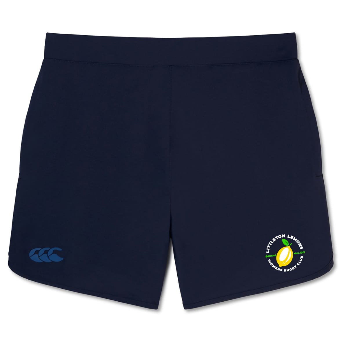 The Littleton Women Rugby Club Elite Woven Short by EMB Canterbury features a tennis-themed logo on the right leg, a small brand logo on the left, zippered pockets, and is perfect for training or any active session.