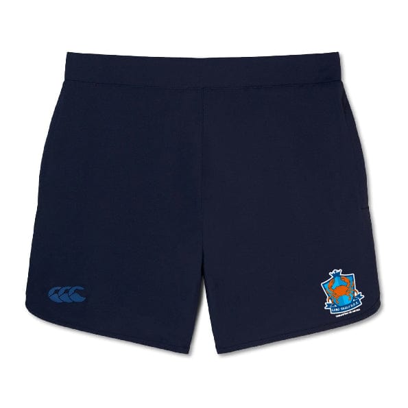 The Land Crabs RFC Women's Elite Woven Short by EMB Canterbury features a logo on the lower right leg and a Canterbury brand logo on the lower left leg—perfect for any training routine.