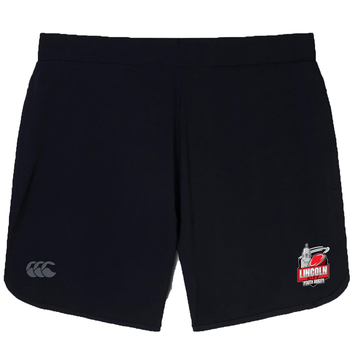 The Lincoln City Youth Rugby Elite Woven Short by EMB Canterbury features a small club logo on the right leg, a grey Canterbury logo on the left, and zippered pockets for secure storage during training.