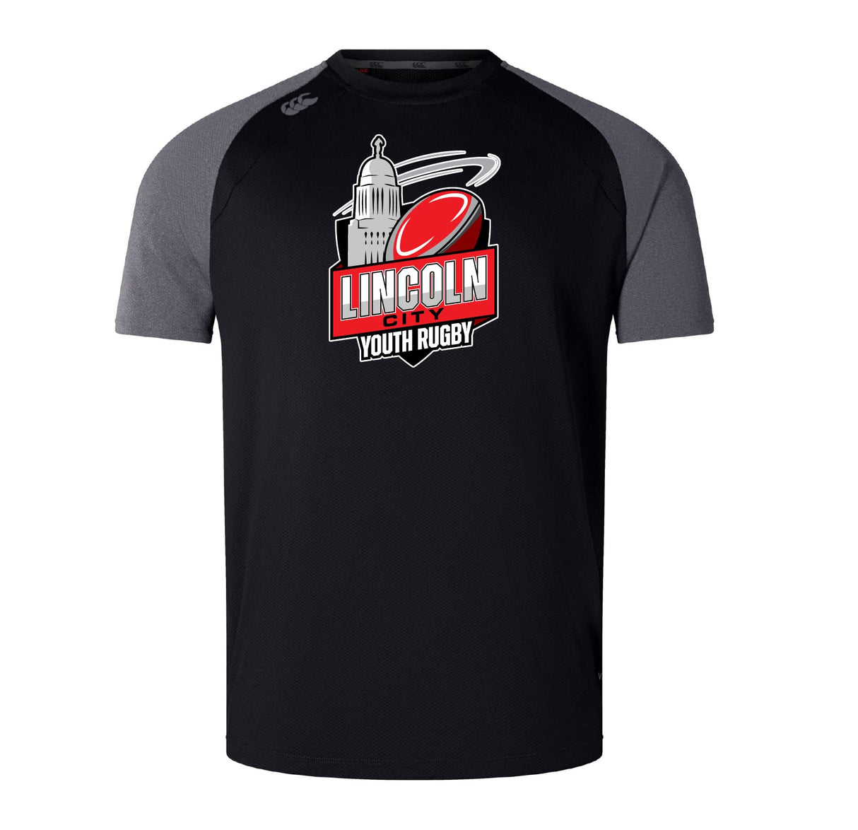 The Lincoln City Youth Rugby Elite Training Tee by WRS Canterbury features black and gray colors, a bold red rugby ball graphic, lightweight durable Vapodri fabric, and the "Lincoln City Youth Rugby" logo on the front.