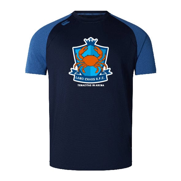 The WRS Canterbury Land Crabs RFC Elite Training Tee is a navy blue Vapodri athletic shirt with blue sleeves, an orange crab crest, and "Land Crabs R.F.C. Tenacitas in Arena" text.
