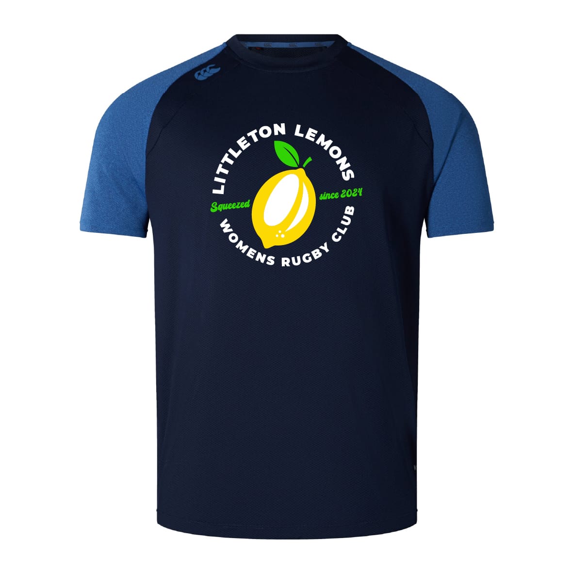 The Littleton Women Rugby Club Elite Training Tee by WRS Canterbury is a navy and blue short-sleeve, lightweight, and durable shirt with "Littleton Lemons Womens Rugby Club" and a bold yellow lemon graphic on the front.