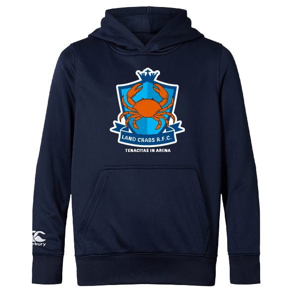 The Land Crabs RFC Club Lightweight Hoodie by WRS Canterbury features a red crab, blue shield, and "Tenacitas in Arena" motto on the front. Navy blue, lightweight, and made to order for comfort and style.