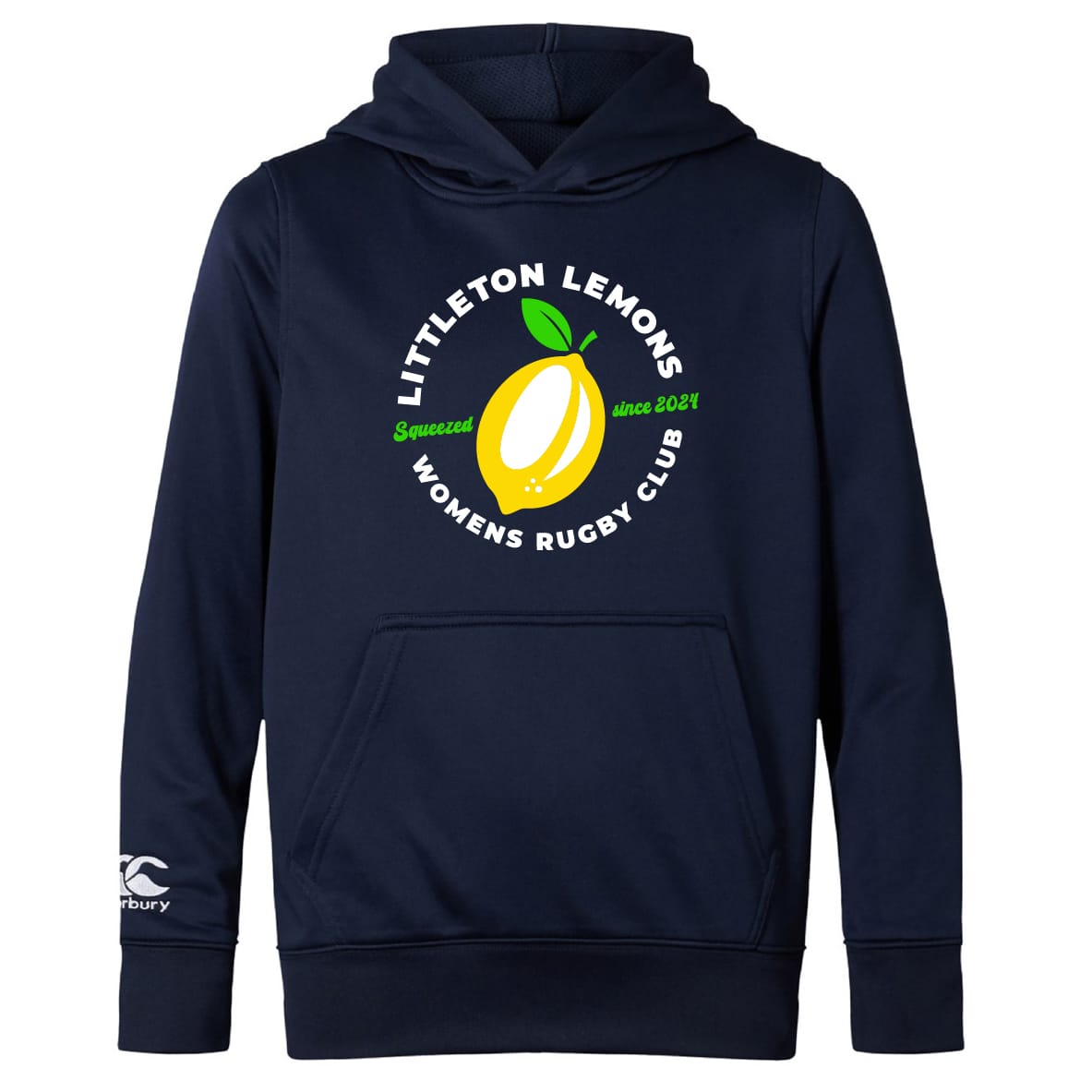 The Littleton Women Rugby Club Lightweight Hoodie by WRS Canterbury features a navy design with the club's logo, yellow lemon graphic, and "Squeezed since 2021" text—perfect for Canterbury rugby fans.