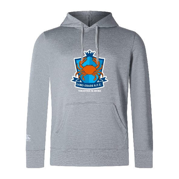 The Land Crabs RFC Club Lightweight Hoodie by WRS Canterbury features a blue and orange crab logo with "Land Crabs A.F.C." and "Tenacity in Arena" on light gray, made to order for fans who value comfort and team spirit.