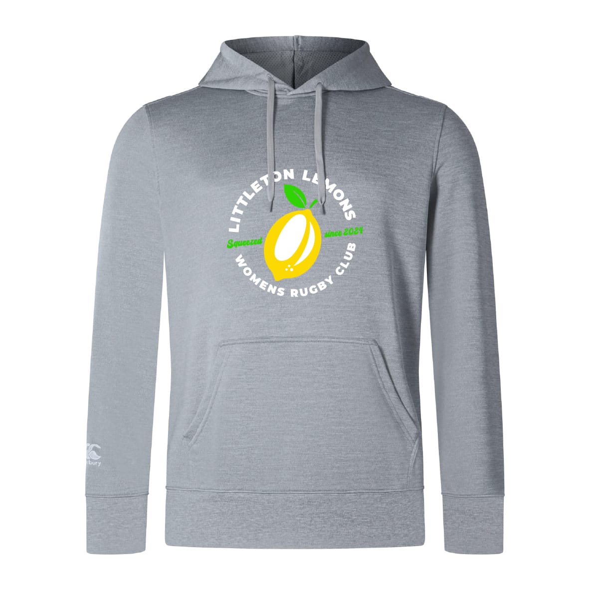 Show your Canterbury Club spirit with the Littleton Women Rugby Club Lightweight Hoodie by WRS Canterbury, featuring a light gray design, front pocket, and custom "Littleton Lemons Women's Rugby Club" logo with lemon, green rugby ball & "Since 2021.