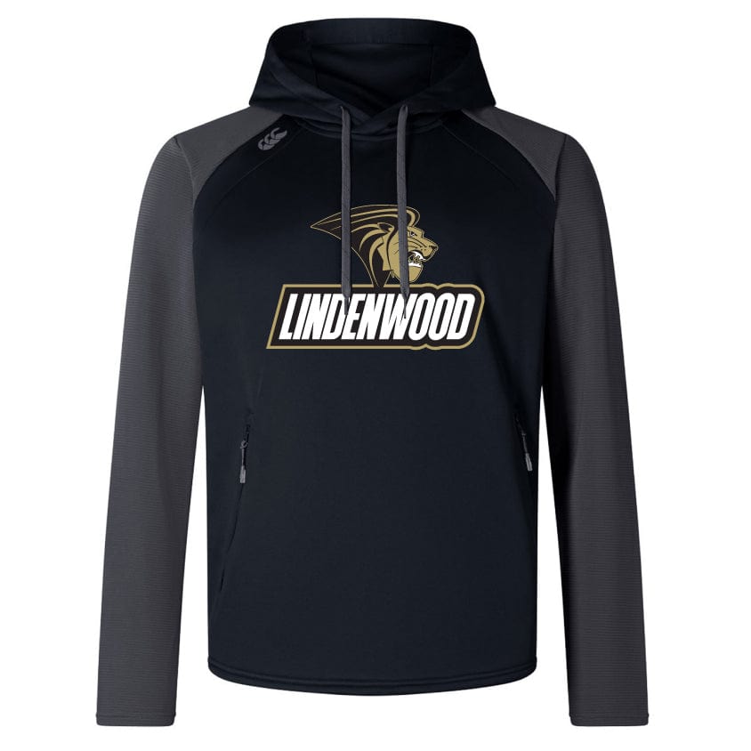 This black and gray hoodie features "Lindenwood" along with a lion logo on the front. The Lindenwood University Rugby Elite Training Hoody by WRS Canterbury offers comfort and versatility, perfectly blending performance and style for any activity.