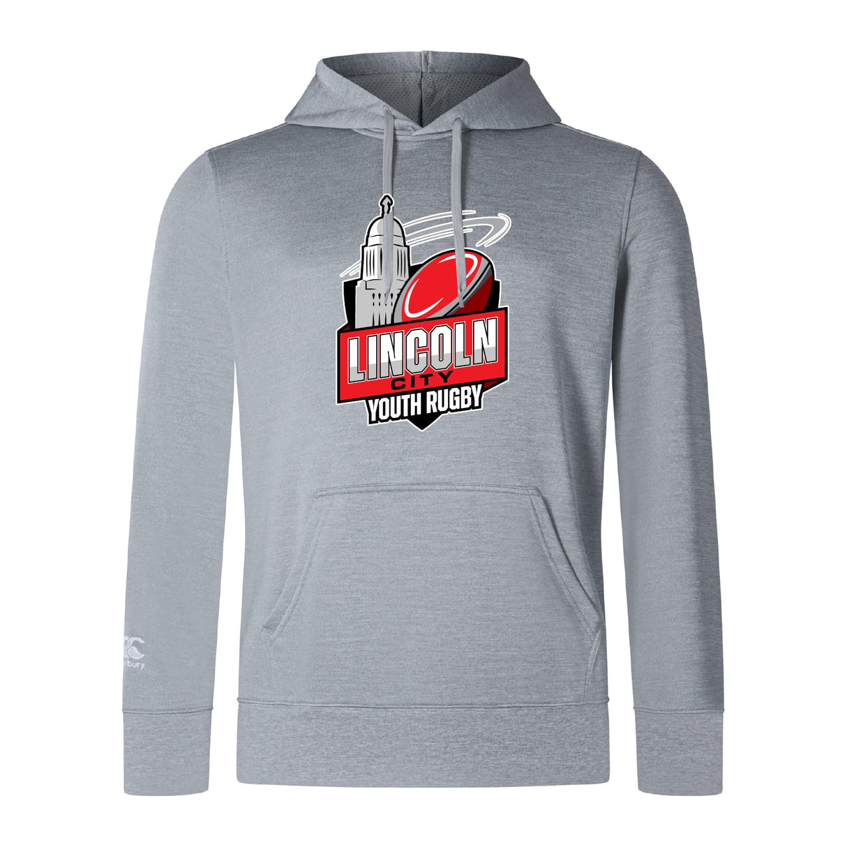 The Lincoln City Youth Rugby Club Lightweight Hoodie by WRS Canterbury features a light gray design, kangaroo pocket, and chest logo with a red rugby ball and cityscape, inspired by the Canterbury Club style.