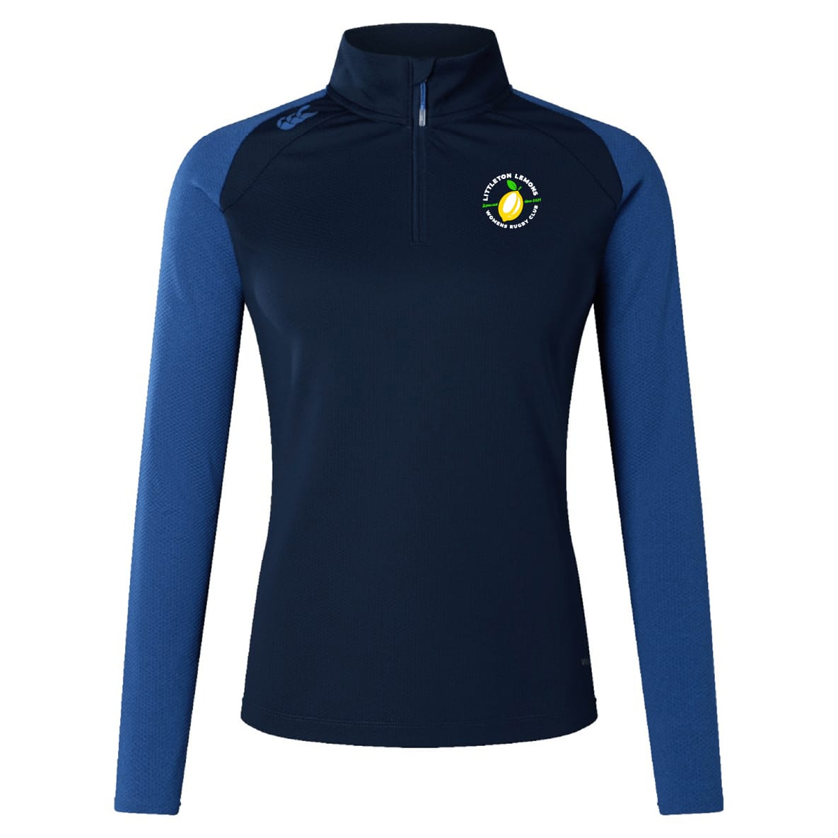 The Littleton Women Rugby Club Women's Elite First Layer by EMB Canterbury is a navy long-sleeve athletic pullover with lighter blue sleeves, VapoDri moisture-wicking tech, quarter-zip collar, and a tennis ball logo with text on the left chest.