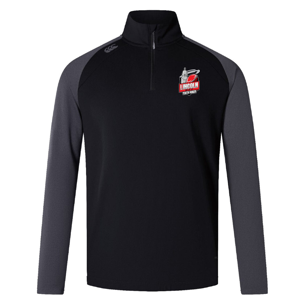 The EMB Canterbury Lincoln City Youth Rugby Elite First Layer is a black and dark gray long-sleeve quarter-zip pullover featuring the "Lincoln Track & Field" logo and mascot—perfect as a rugby training top.