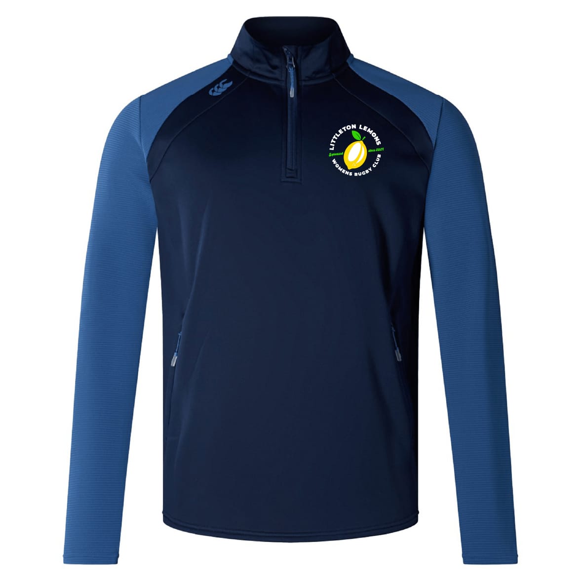 Littleton Women Rugby Club Elite First Layer by EMB Canterbury: a navy and blue quarter-zip pullover with tennis club logo on the left chest, Canterbury's VapoDri comfort tech, and manufacturer's logo on the right shoulder.