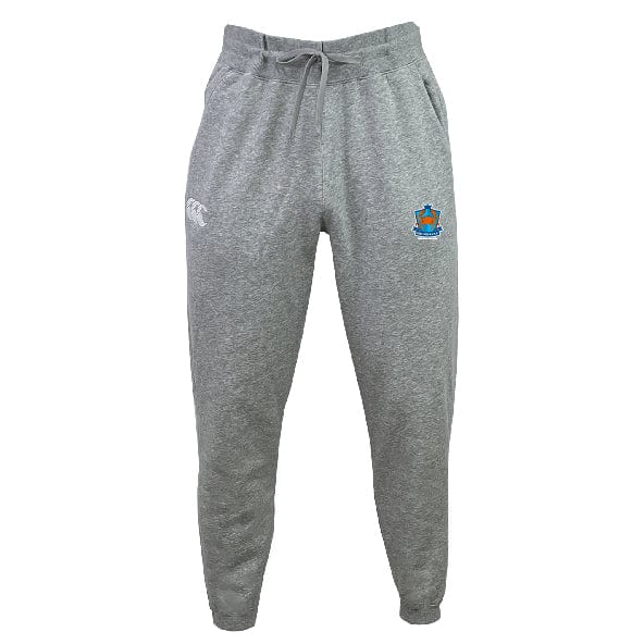 The Land Crabs RFC Leisure Sweatpant by EMB Canterbury features a light grey jogger style with elastic waistband, drawstring, two front embroidered logos, and soft organic cotton fabric, shown on a plain white background.
