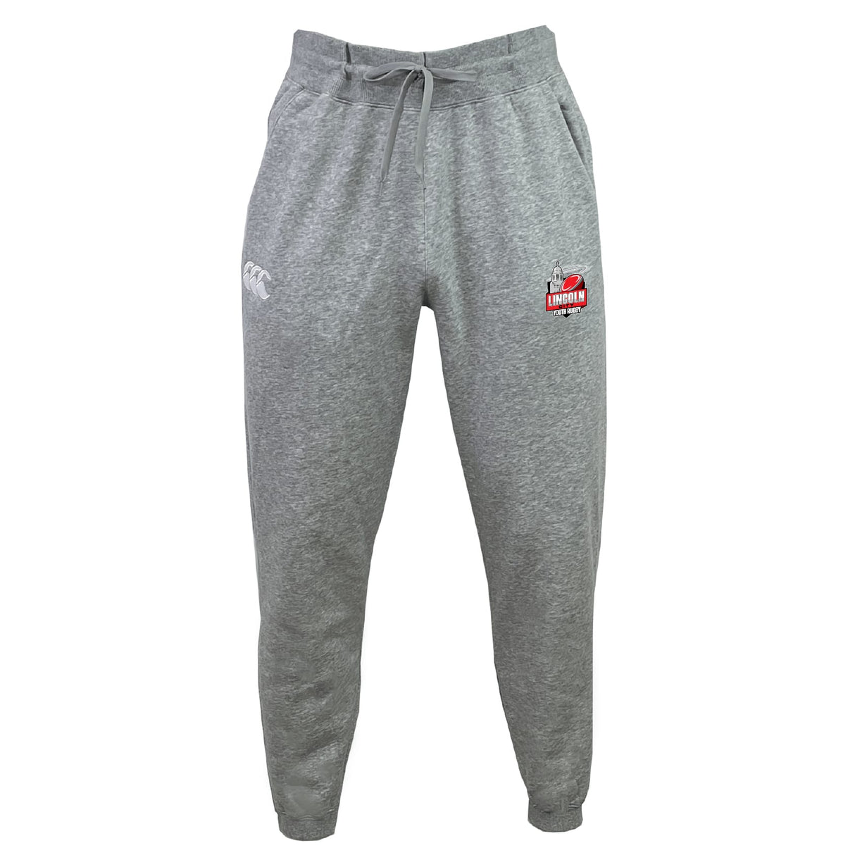 The Lincoln City Youth Rugby Leisure Sweatpant by EMB Canterbury features a drawstring waist, white logo on the left thigh, red and white Lincoln RFC crest on the right, and is made from soft recycled polyester fleece for comfort.