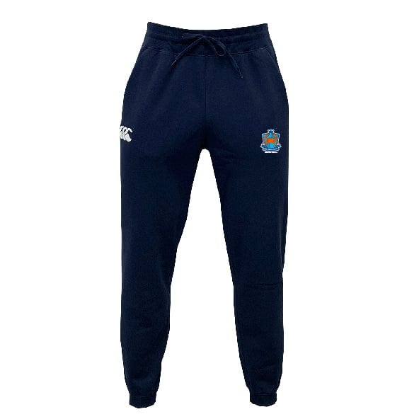 The Land Crabs RFC Leisure Sweatpant by EMB Canterbury is a navy blue jogger with a drawstring waist, made from recycled polyester and organic cotton, featuring a white logo on the left thigh and a colorful crest on the right.