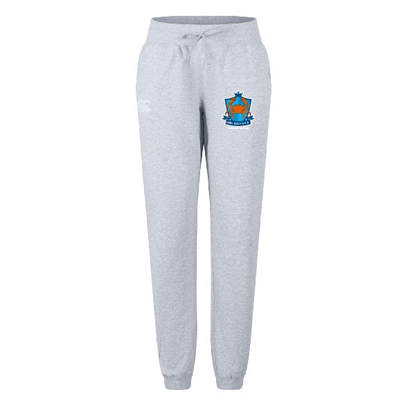 The Land Crabs RFC Women's Leisure Sweatpant by EMB Canterbury is light grey, made from organic cotton with a drawstring waist. It features a left thigh logo and right hip white emblem—ideal for rugby training or casual wear. Displayed on a white background.