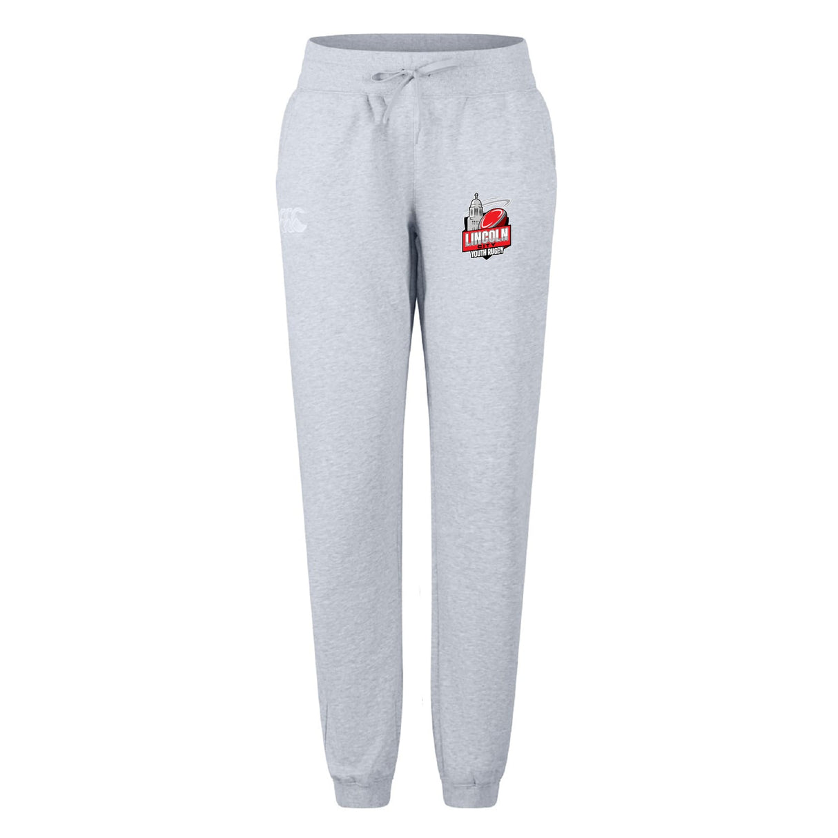 The EMB Canterbury Lincoln City Youth Rugby Women's Leisure Sweatpant by Canterbury is a light gray sweatpant with a drawstring waist, featuring the Lincoln University logo and campus graphic on the left thigh.