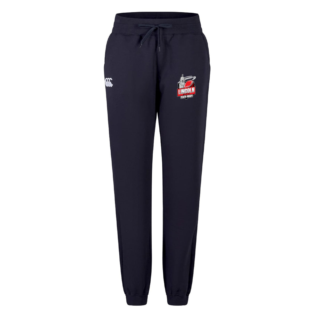 The Lincoln City Youth Rugby Women's Leisure Sweatpant by EMB Canterbury features a drawstring waist, elastic cuffs, and embroidered logos, made from soft organic cotton for comfortable style.