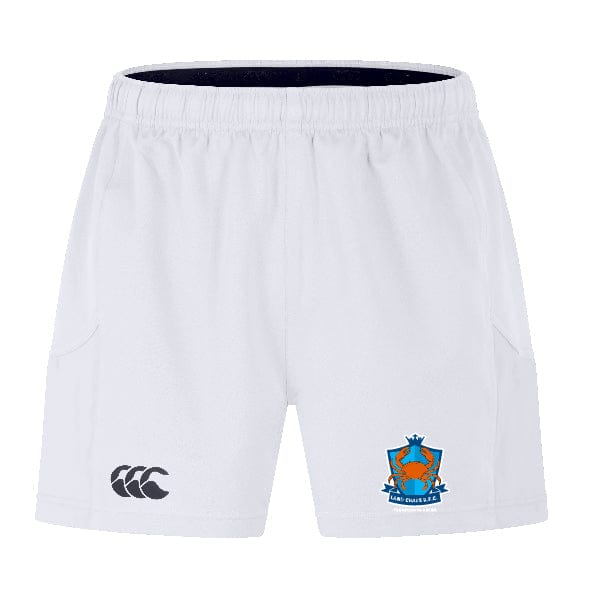 Experience peak performance in the Land Crabs RFC Advantage Short 2.0 by EMB Canterbury—white athletic shorts featuring a black Canterbury logo on the left leg and a vibrant team crest on the right, blending style with sustainability.