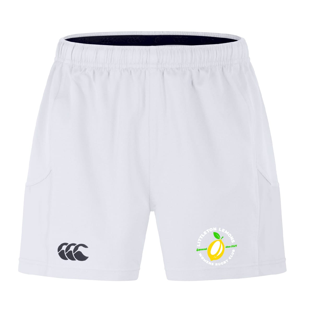 The Littleton Women Rugby Club Advantage Short 2.0 by EMB Canterbury features an elastic waistband, black Canterbury logo on the left, Littleton Lions Rugby Club logo on the right, and is made with recycled materials for comfort and sustainability.
