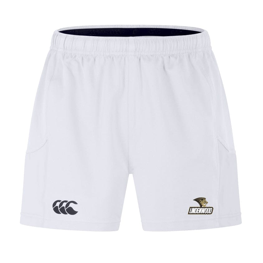 These Canterbury Lindenwood University Rugby Advantage Short 2.0 by EMB Canterbury feature an elastic waistband and display both the Canterbury logo and a Lindenwood emblem on the front. Designed for flexibility, these white sports shorts provide comfort and style, making them ideal for any workout.