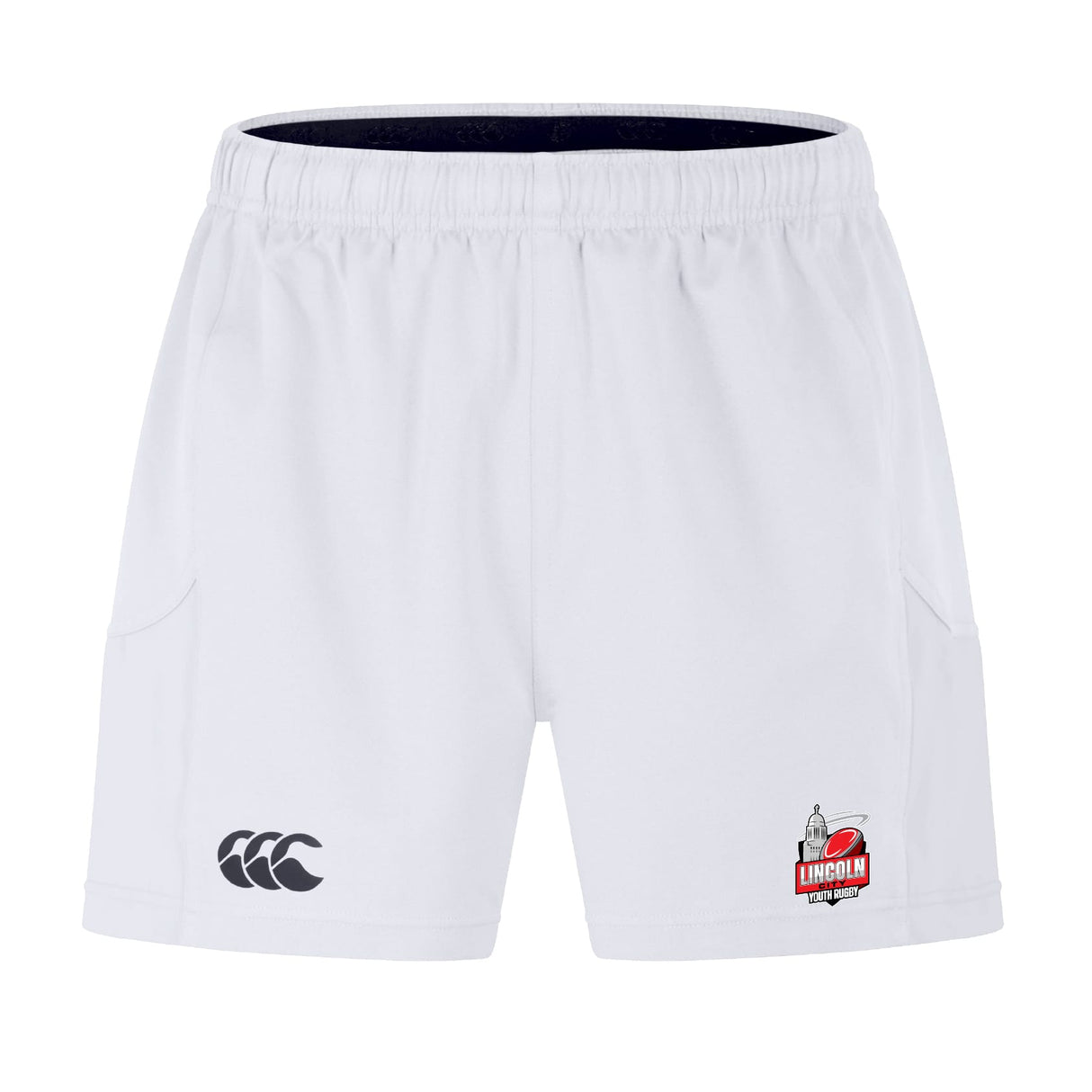 The Lincoln City Youth Rugby Advantage Short 2.0 by EMB Canterbury features an elastic waistband, black Canterbury logo on the left leg, and Lincoln Rugby Club logo on the right—designed for performance, comfort, and style.