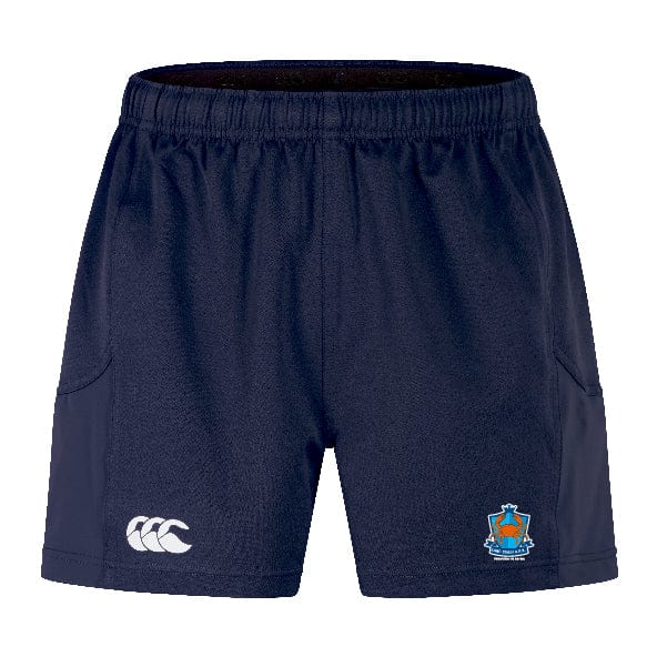 The Land Crabs RFC Advantage Short 2.0 by EMB Canterbury features a navy blue design with an elastic waistband, white Canterbury logo on the left leg, and crest emblem on the right, offering performance and comfort for any activity.