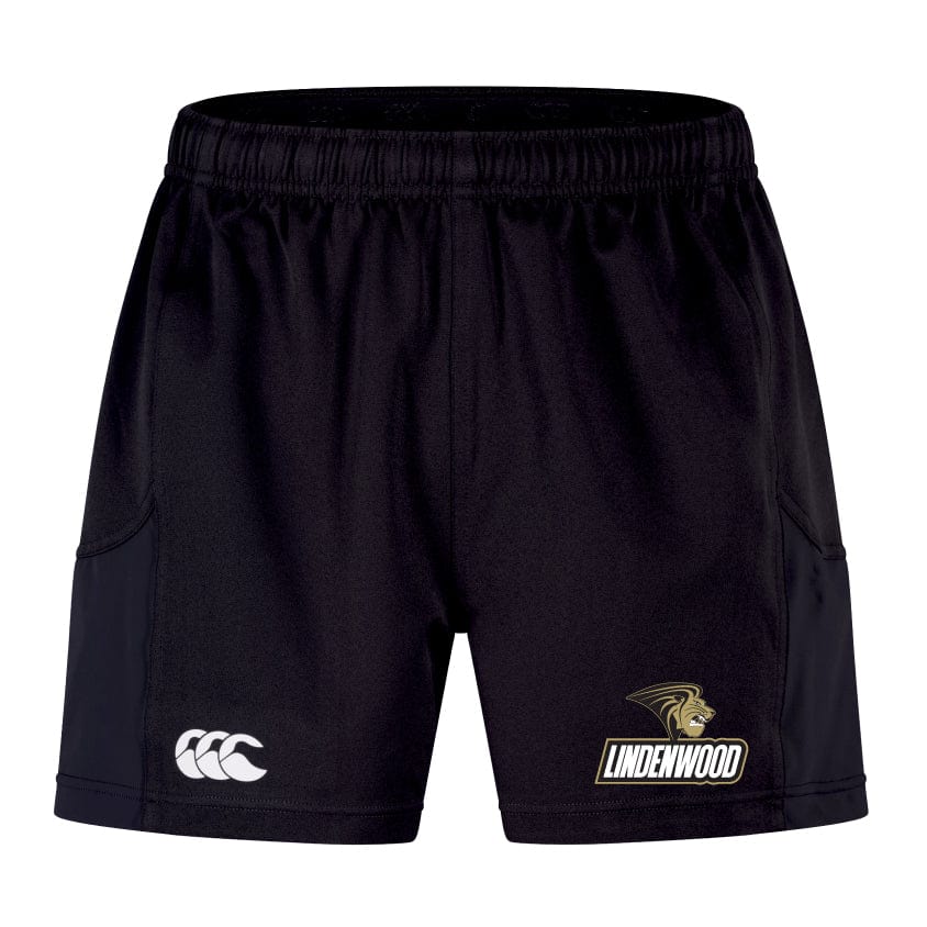 The Lindenwood University Rugby Advantage Short 2.0 by EMB Canterbury athletic shorts showcase the Lindenwood logo on one leg and the Canterbury logo on the other. These eco-friendly shorts are ideal for adaptable training sessions.