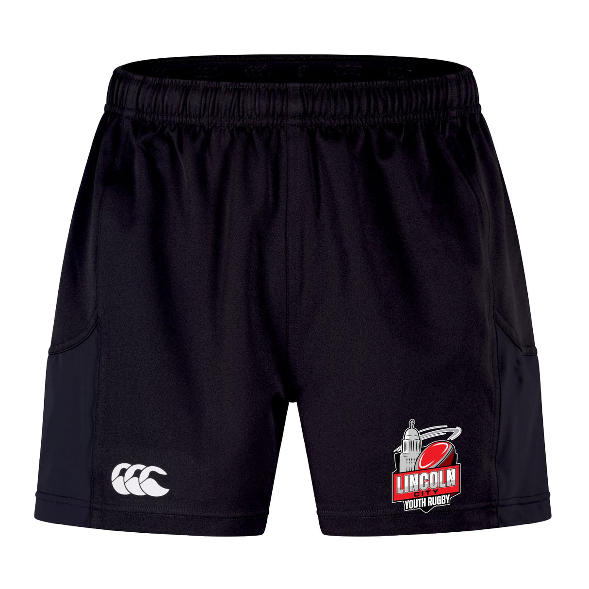 The Lincoln City Youth Rugby Advantage Short 2.0 by EMB Canterbury features a white Canterbury logo on the left leg and a red Lincoln Youth Rugby logo on the right, made with recycled content for sustainability.
