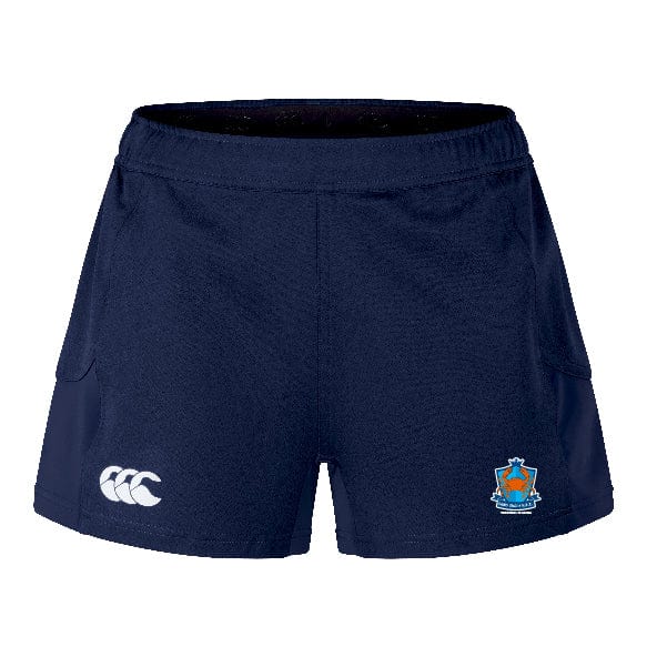 The Land Crabs RFC Women's Advantage Short 2.0 by EMB Canterbury features a navy blue design with an elastic waistband, white Canterbury logo on the left, and a colorful crest on the right leg, made for performance.