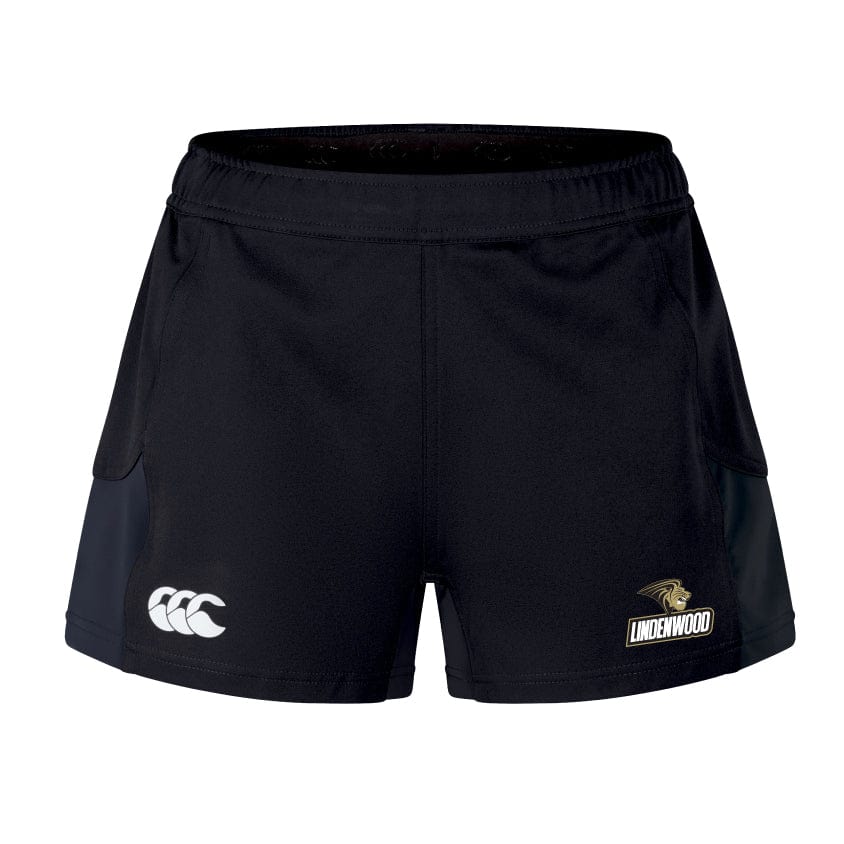 The Lindenwood University Rugby Women's Advantage Short 2.0 by EMB Canterbury features the CCC logo on the left and "Lindenwood" with a lion emblem on the right, offering performance and sustainability through recycled materials.