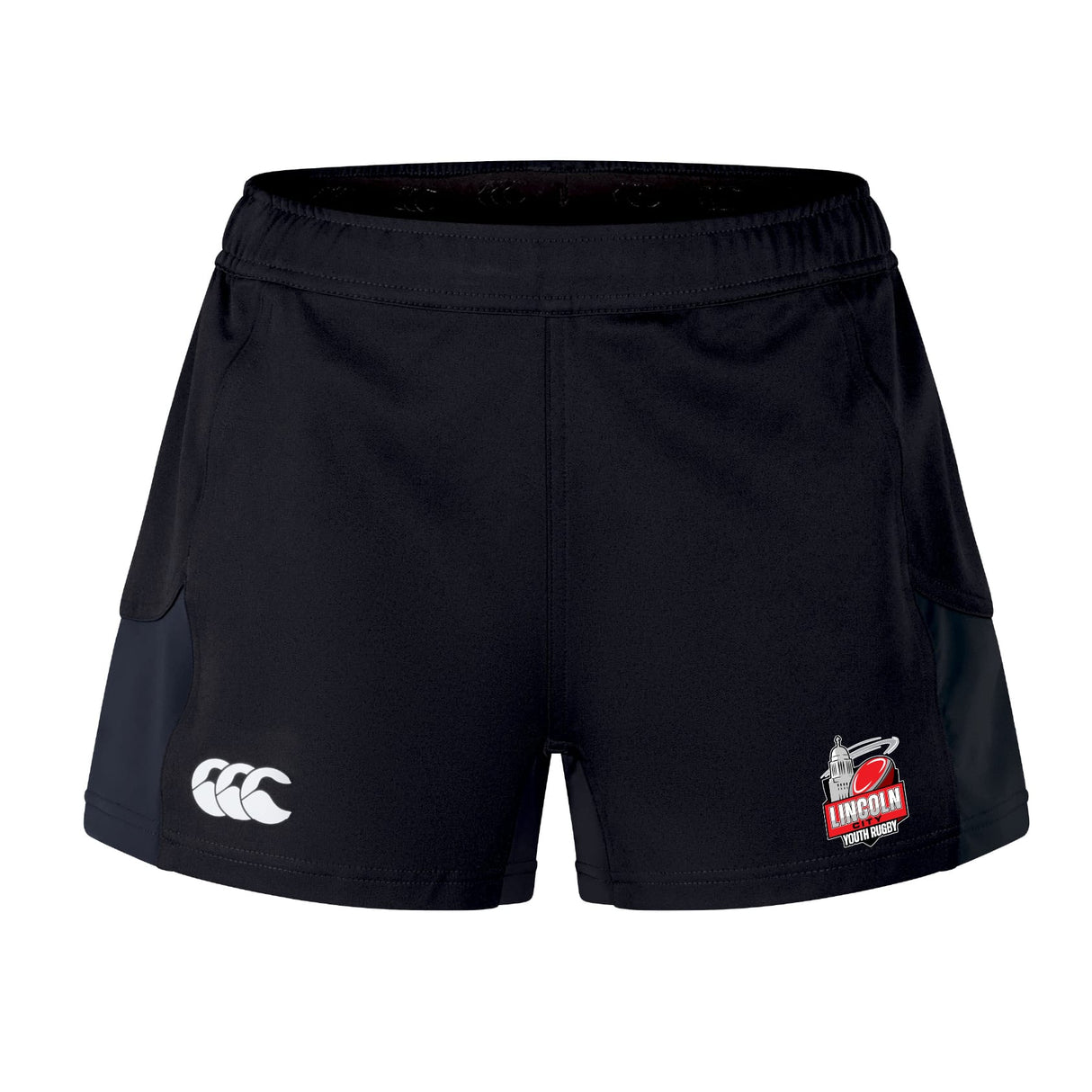 The Lincoln City Youth Rugby Women's Advantage Short 2.0 by EMB Canterbury features logos on both legs and is crafted from recycled materials for eco-friendly, high-performance training.