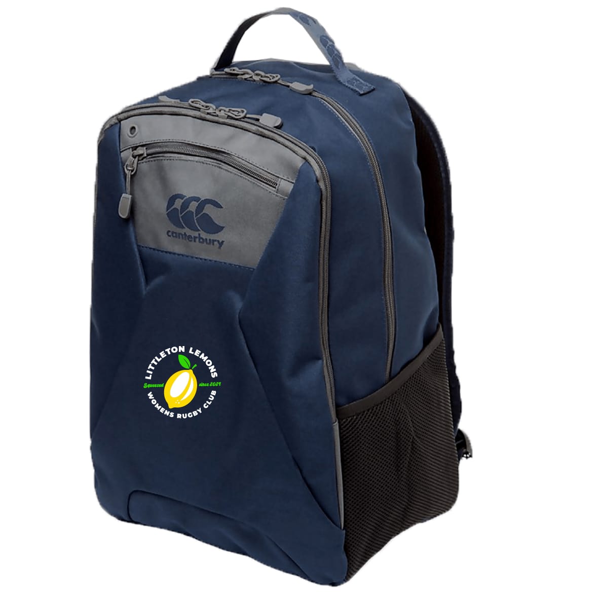 The Littleton Women Rugby Club Medium Backpack by Canterbury, in navy blue, features a front zip pocket, mesh side pocket, water-repellent finish, padded laptop pocket, and the "Littleton Lemons" logo on the front.
