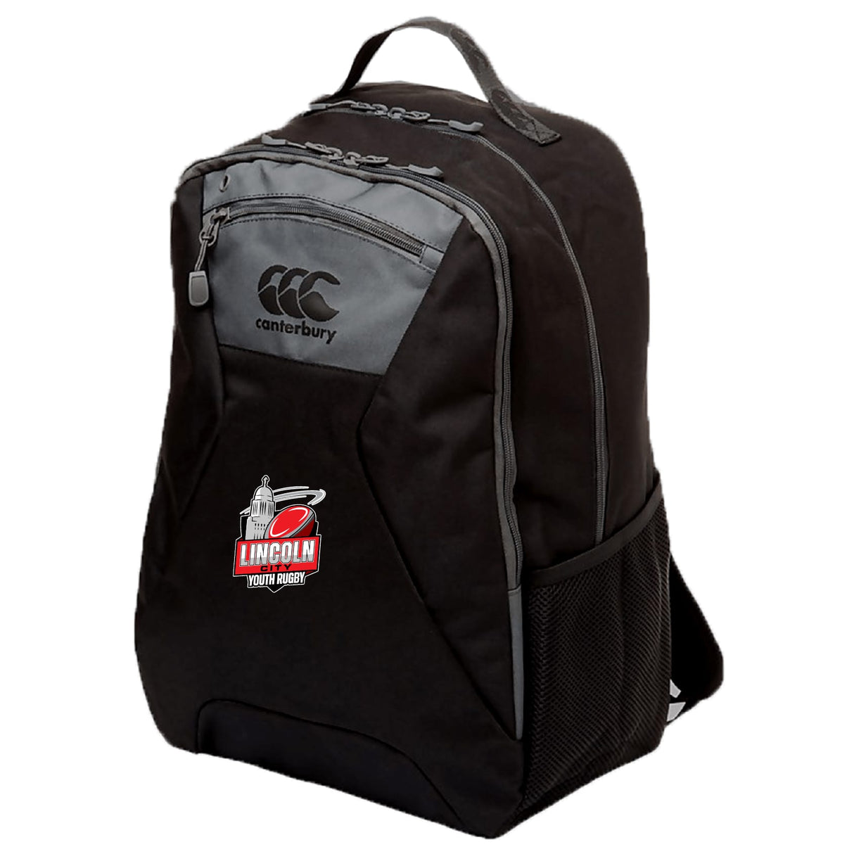 The Lincoln City Youth Rugby Medium Backpack by EMB Canterbury features black fabric with gray accents, a front zipper pocket, side mesh pocket, padded laptop pocket, water-repellent fabric, and an embroidered Lincoln Youth Rugby logo.