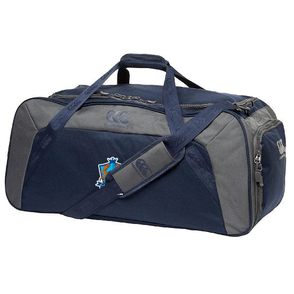 The Land Crabs RFC Holdall Duffle Bag by EMB Canterbury is a navy and gray duffel with adjustable shoulder strap and handles, front logo, zippered compartments, and water-repellent fabric for durability.