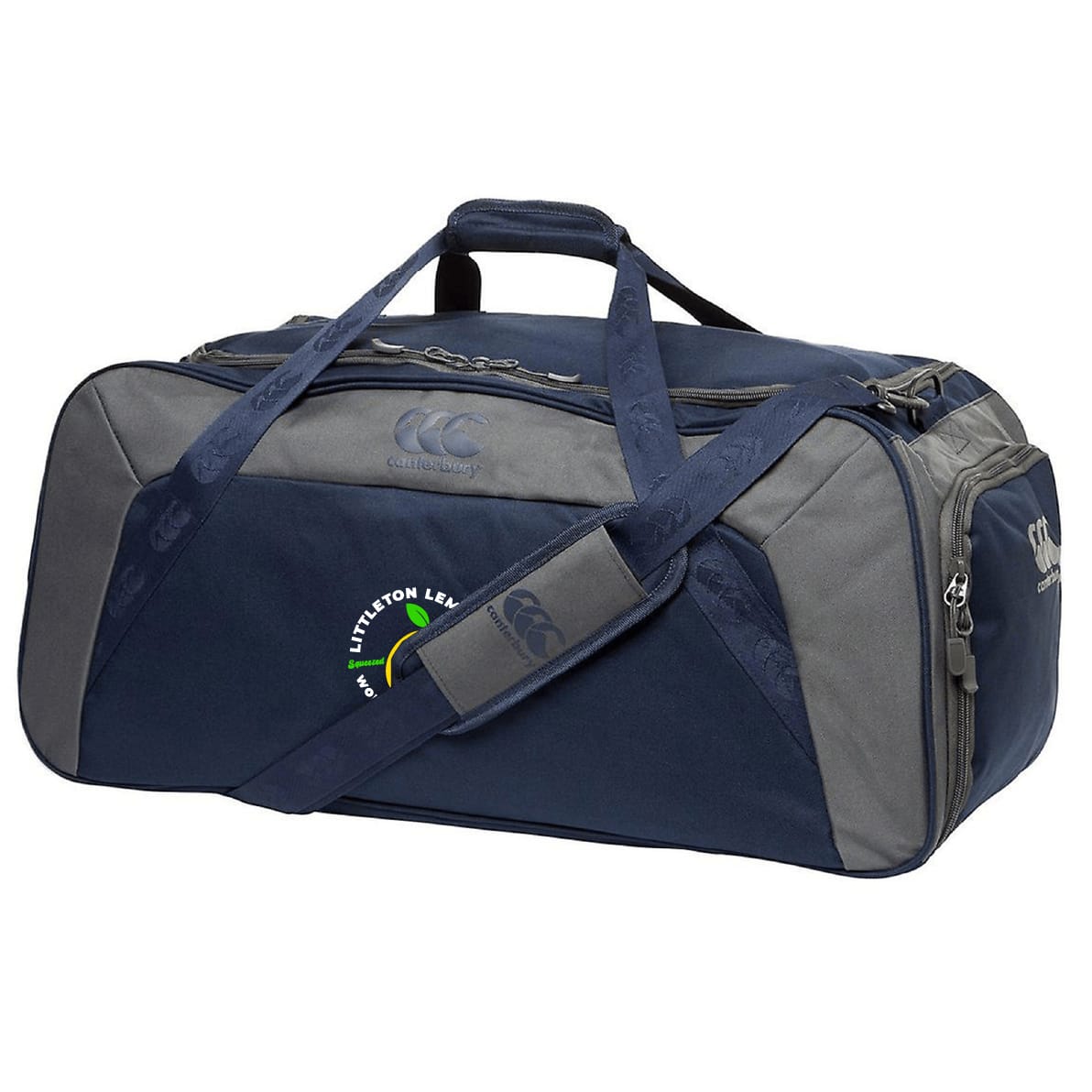 The EMB Canterbury Littleton Women Rugby Club Holdall Duffle Bag is a navy blue and gray duffle with handles, a shoulder strap, side pockets, and features the "Littleton League" logo.