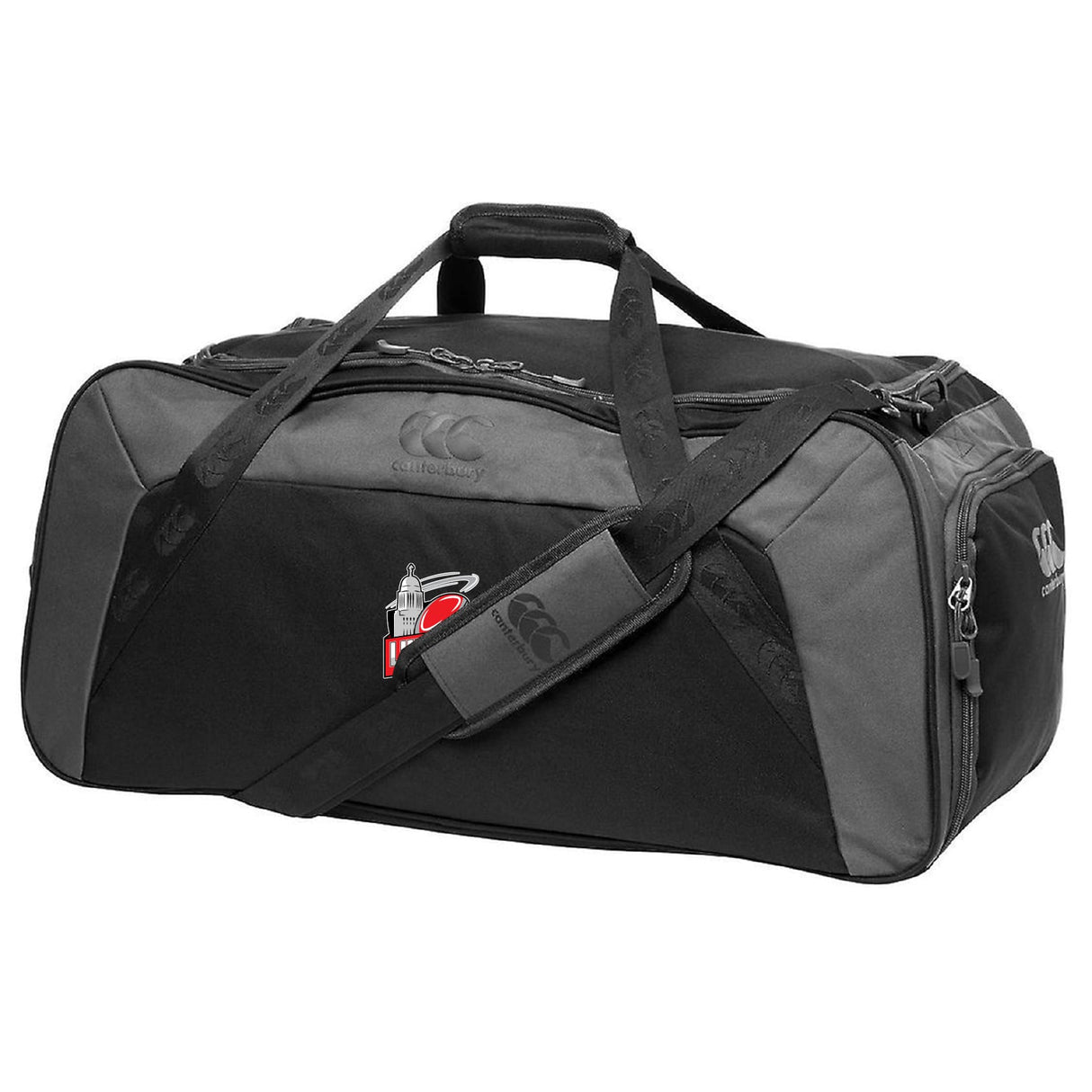 The EMB Canterbury Lincoln City Youth Rugby Holdall Duffle Bag features black and gray design, top handle, shoulder strap, side pockets, and logo on front and side. Water-repellent material keeps your gear protected in any weather.