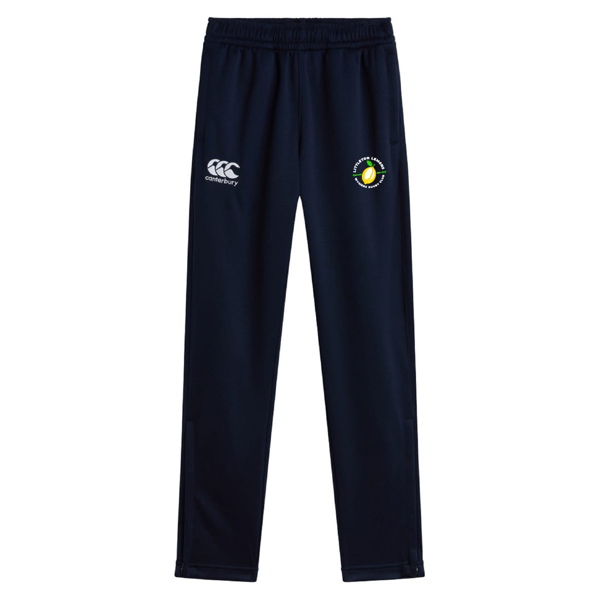 The Littleton Women Rugby Club Stretch Tapered Pant by EMB Canterbury features an elastic waistband, a white Canterbury logo on the left, and a circular green and yellow emblem on the right thigh—ideal for stylish women's workouts.
